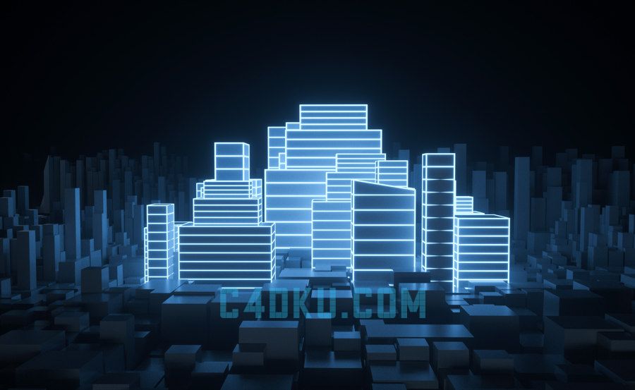 科技感暗黑城市建筑夜晚发光线条抽象立体方块柱高楼大厦C4D模型