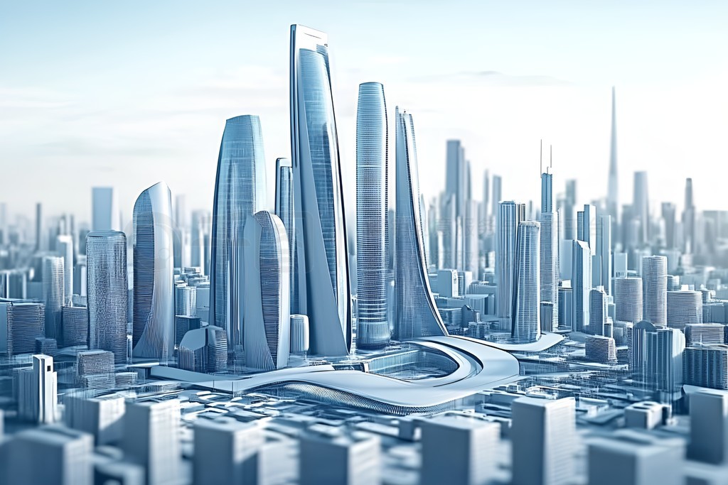 未来城市3D渲染未来科技感摩天大楼建筑群城市景观插画